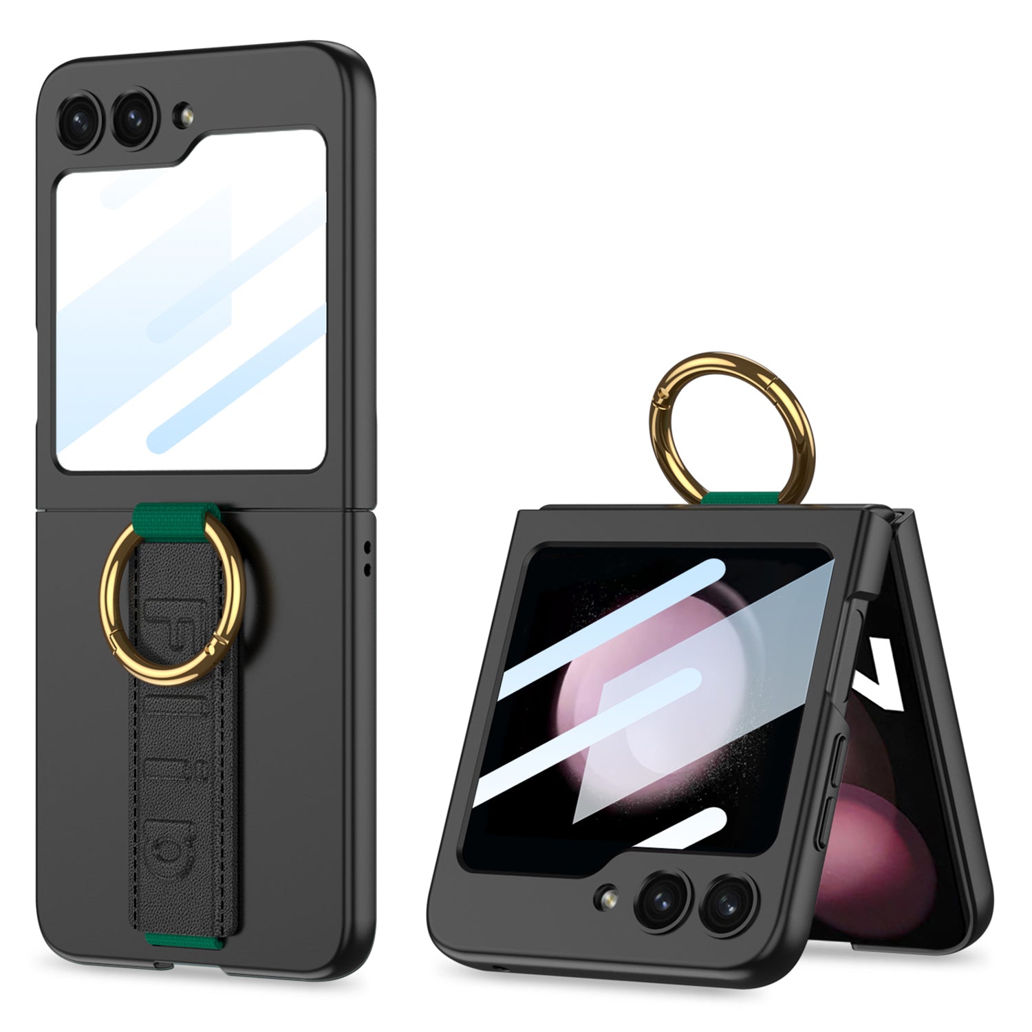 GKK For Samsung Galaxy Z Flip5 5G Wristband PC Phone Case Ring Kickstand Protective Cover with Integrated Rear Small Screen Film