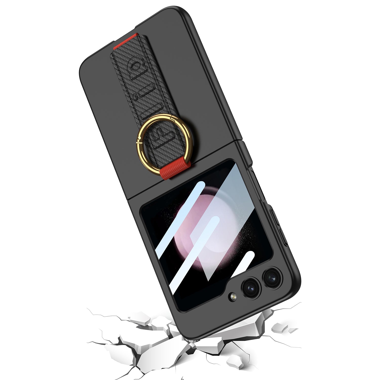 GKK For Samsung Galaxy Z Flip5 5G Wristband PC Phone Case Ring Kickstand Protective Cover with Integrated Rear Small Screen Film