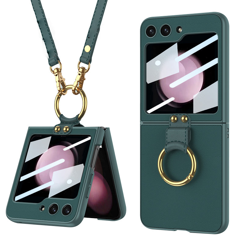 GKK For Samsung Galaxy Z Flip5 5G PU Leather Coated PC Slim Case Ring Kickstand Phone Cover with Small Screen Film and Shoulder Strap