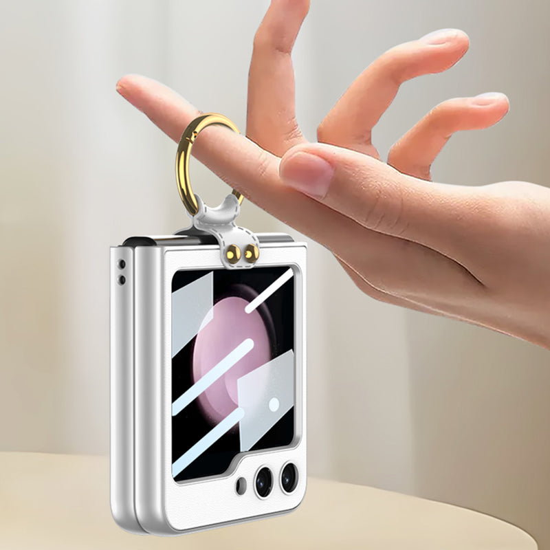 GKK For Samsung Galaxy Z Flip5 5G PU Leather Coated PC Slim Case Ring Kickstand Phone Cover with Small Screen Film and Shoulder Strap
