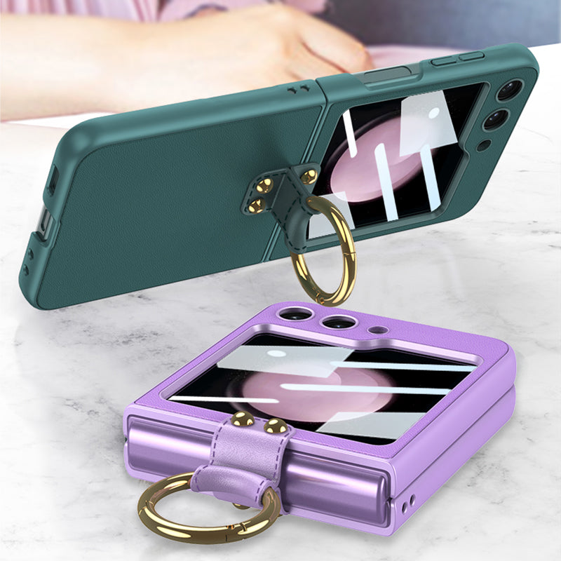 GKK For Samsung Galaxy Z Flip5 5G PU Leather Coated PC Slim Case Ring Kickstand Phone Cover with Small Screen Film and Shoulder Strap
