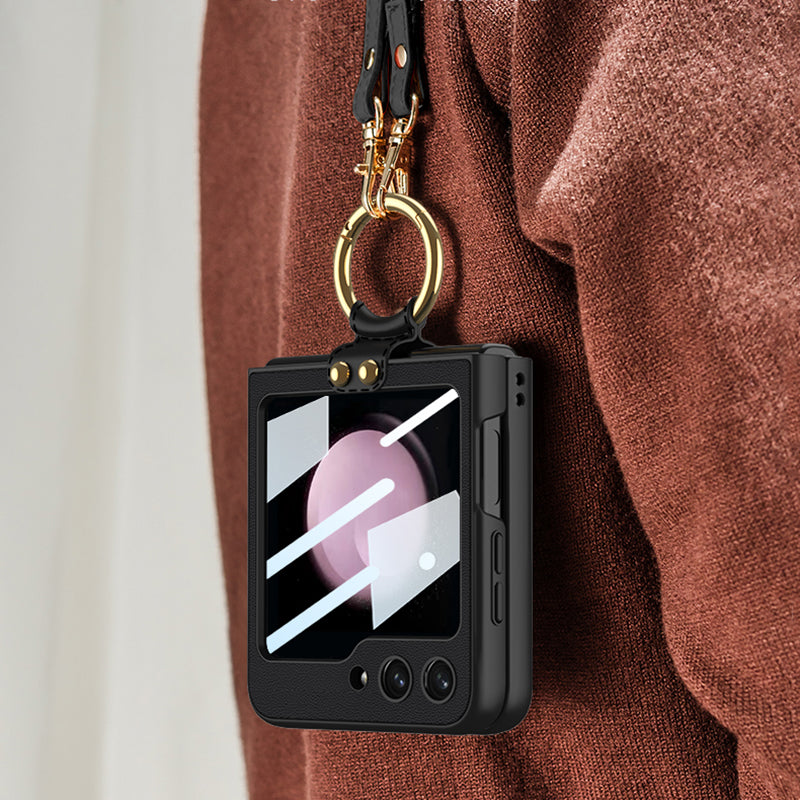 GKK For Samsung Galaxy Z Flip5 5G PU Leather Coated PC Slim Case Ring Kickstand Phone Cover with Small Screen Film and Shoulder Strap