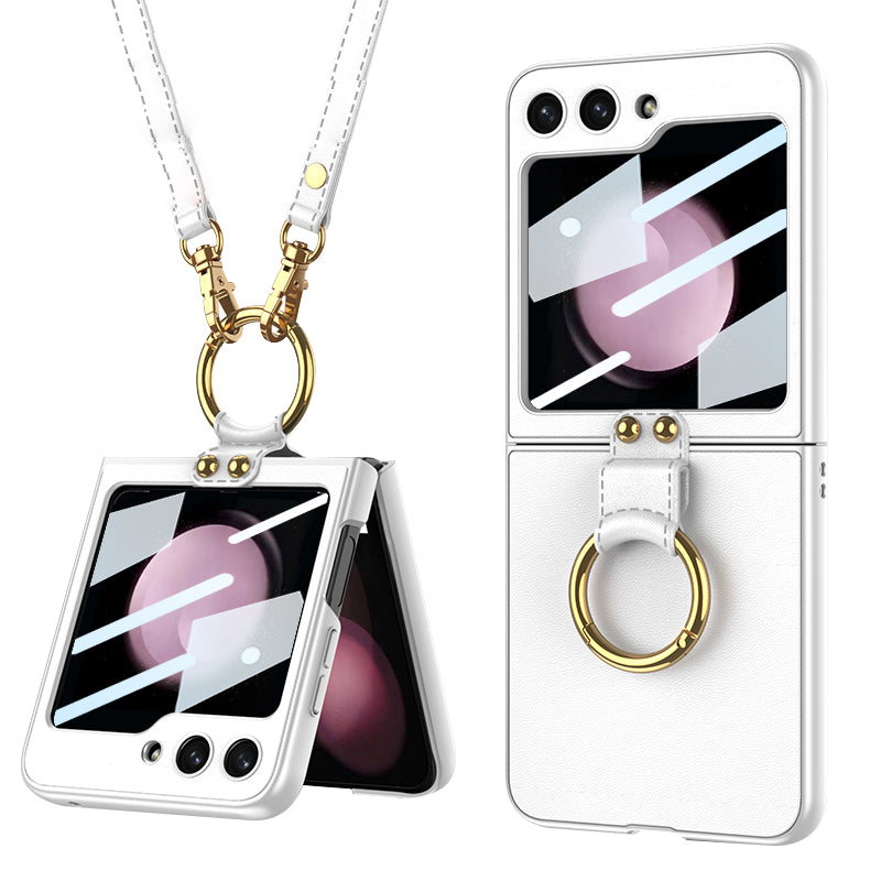 GKK For Samsung Galaxy Z Flip5 5G PU Leather Coated PC Slim Case Ring Kickstand Phone Cover with Small Screen Film and Shoulder Strap