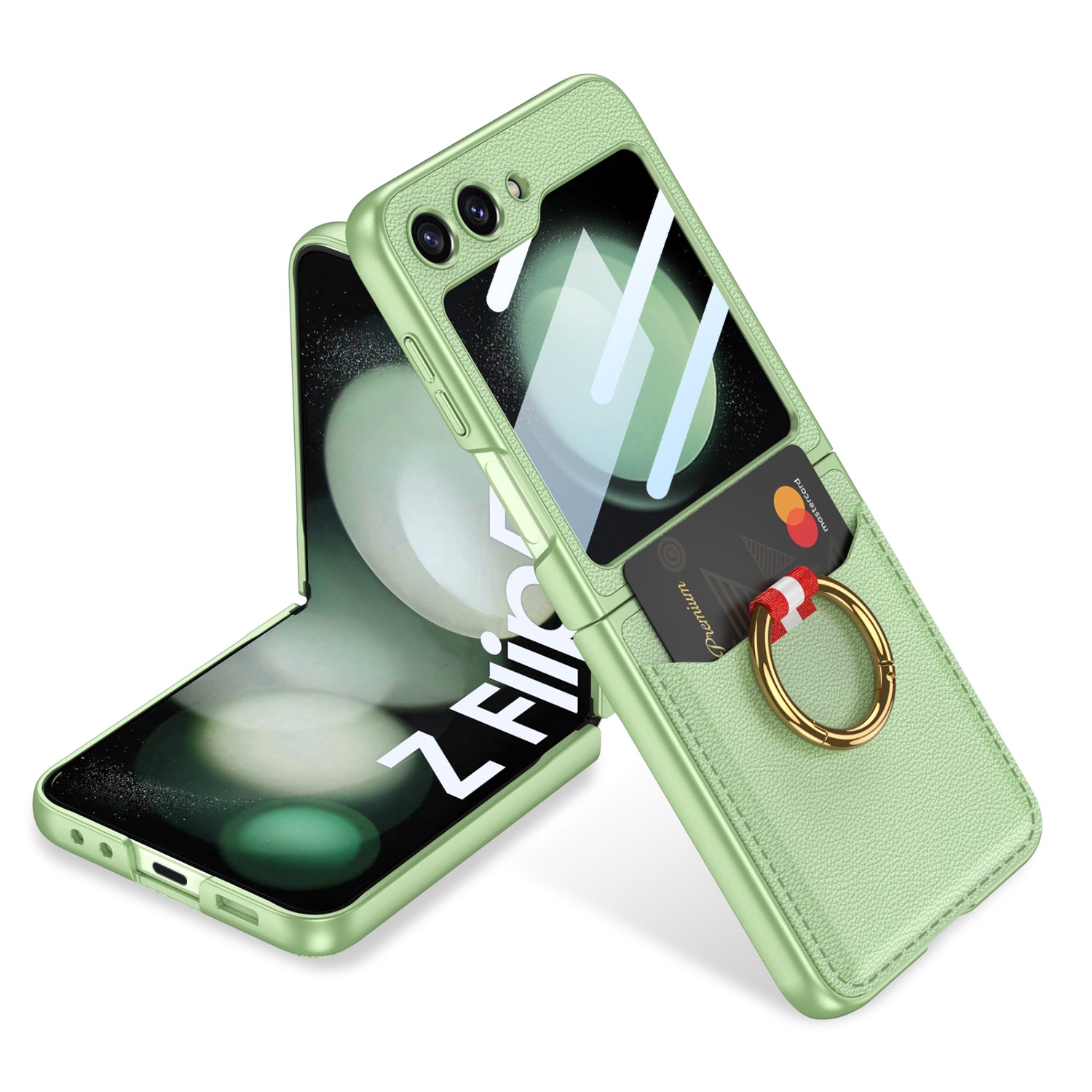 GKK For Samsung Galaxy Z Flip5 5G PU Leather PC Phone Case Ring Kickstand Card Slot Cover with Small Screen Film