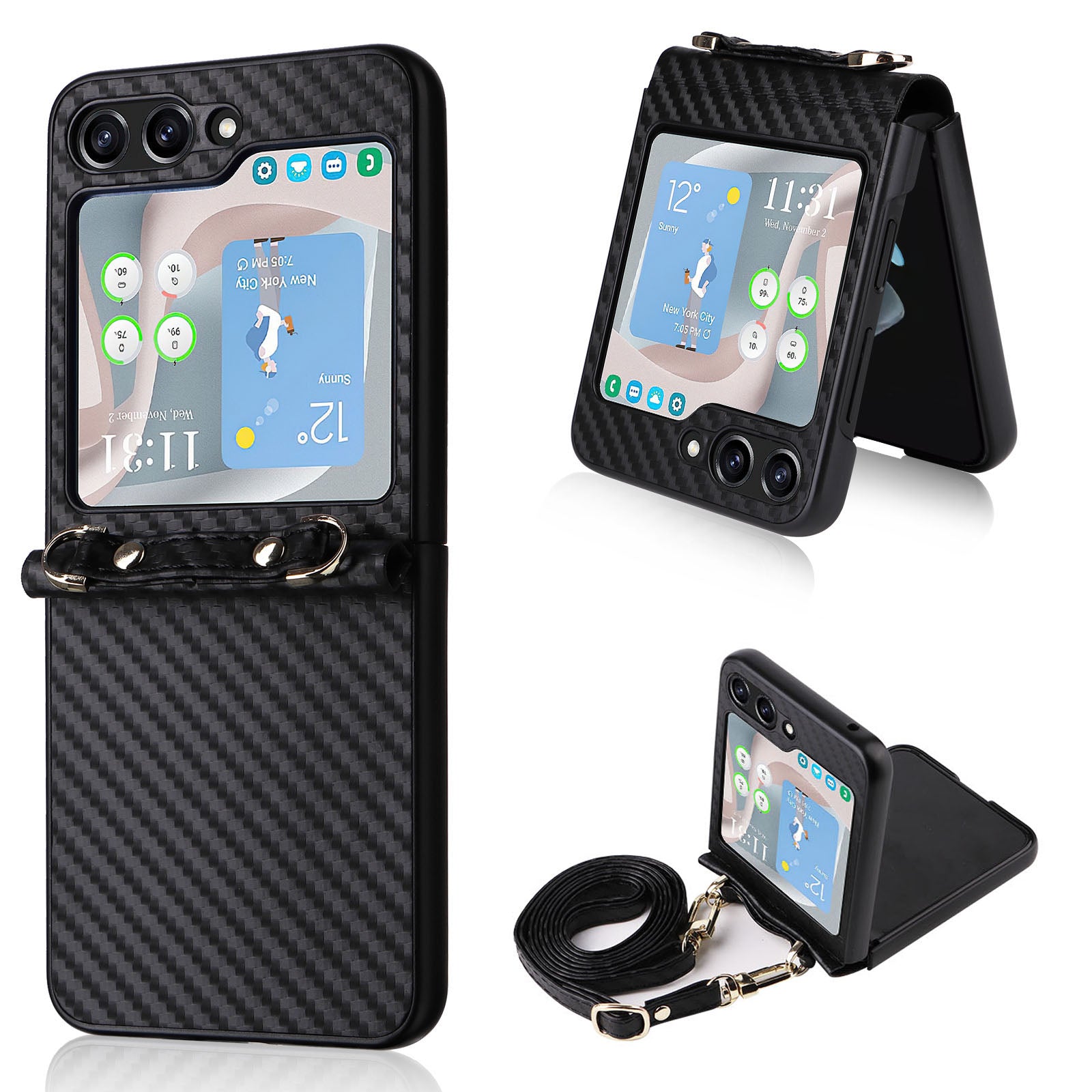 For Samsung Galaxy Z Flip5 5G PU Leather Coated PC One-Piece Phone Case Carbon Fiber Texture Protective Cover with Lanyard