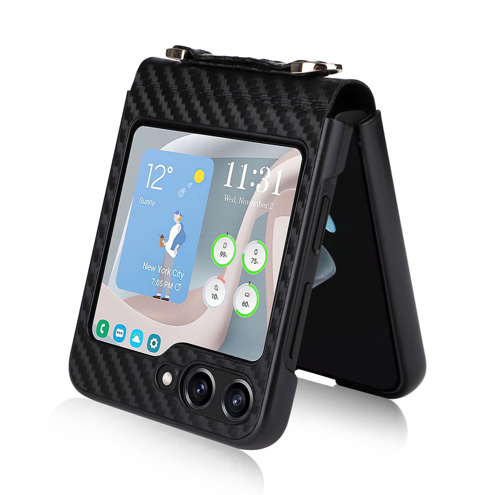 For Samsung Galaxy Z Flip5 5G PU Leather Coated PC One-Piece Phone Case Carbon Fiber Texture Protective Cover with Lanyard