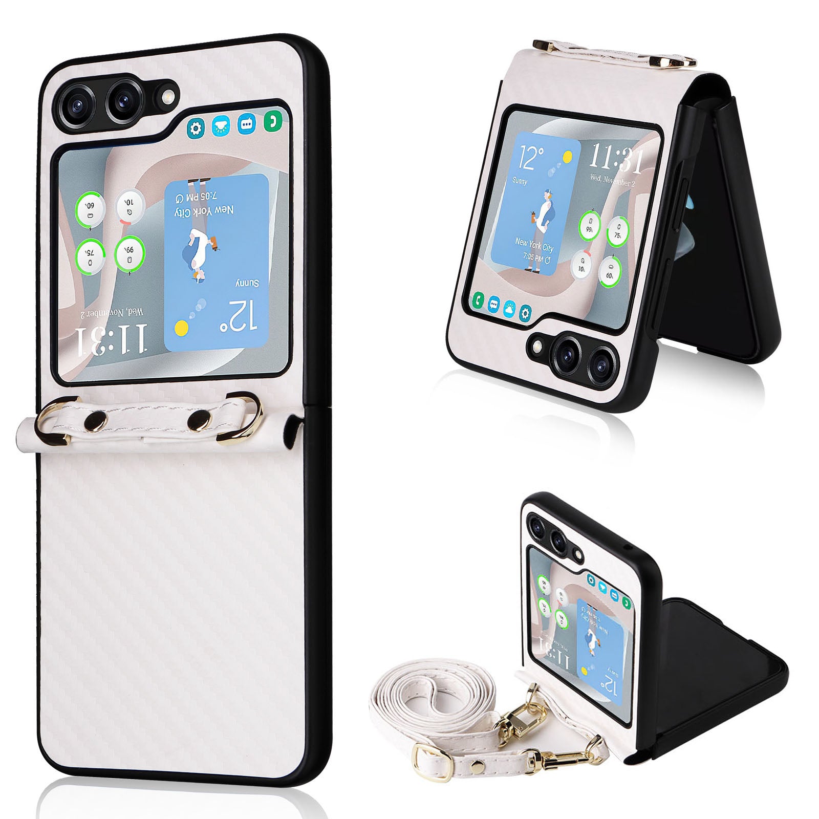 For Samsung Galaxy Z Flip5 5G PU Leather Coated PC One-Piece Phone Case Carbon Fiber Texture Protective Cover with Lanyard