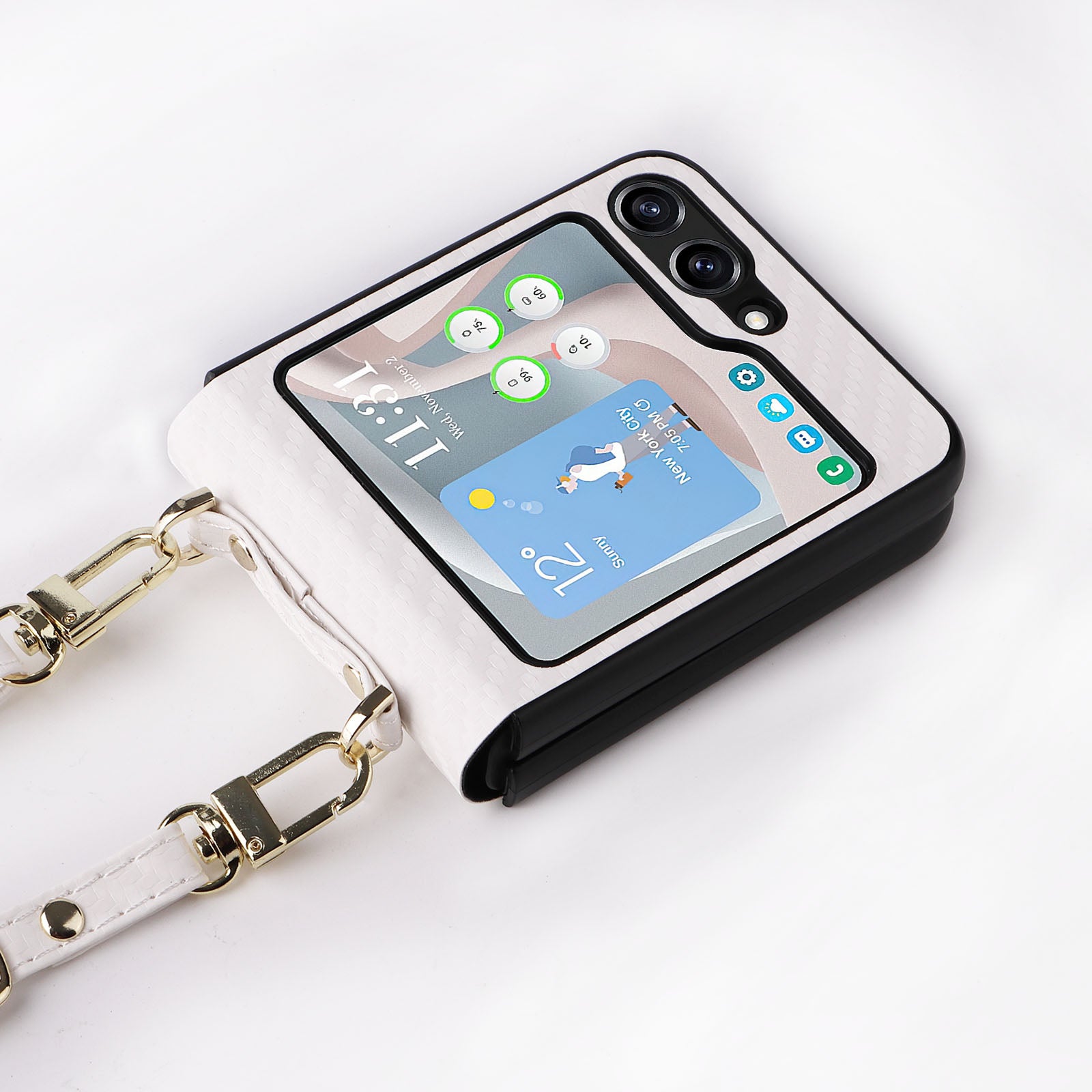 For Samsung Galaxy Z Flip5 5G PU Leather Coated PC One-Piece Phone Case Carbon Fiber Texture Protective Cover with Lanyard