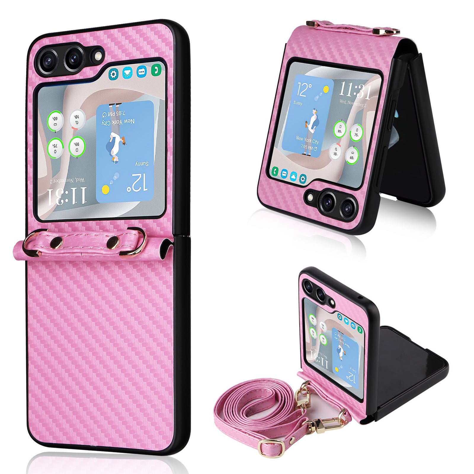 For Samsung Galaxy Z Flip5 5G PU Leather Coated PC One-Piece Phone Case Carbon Fiber Texture Protective Cover with Lanyard