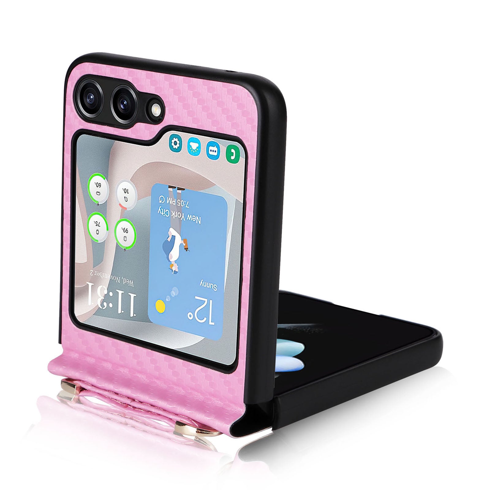 For Samsung Galaxy Z Flip5 5G PU Leather Coated PC One-Piece Phone Case Carbon Fiber Texture Protective Cover with Lanyard