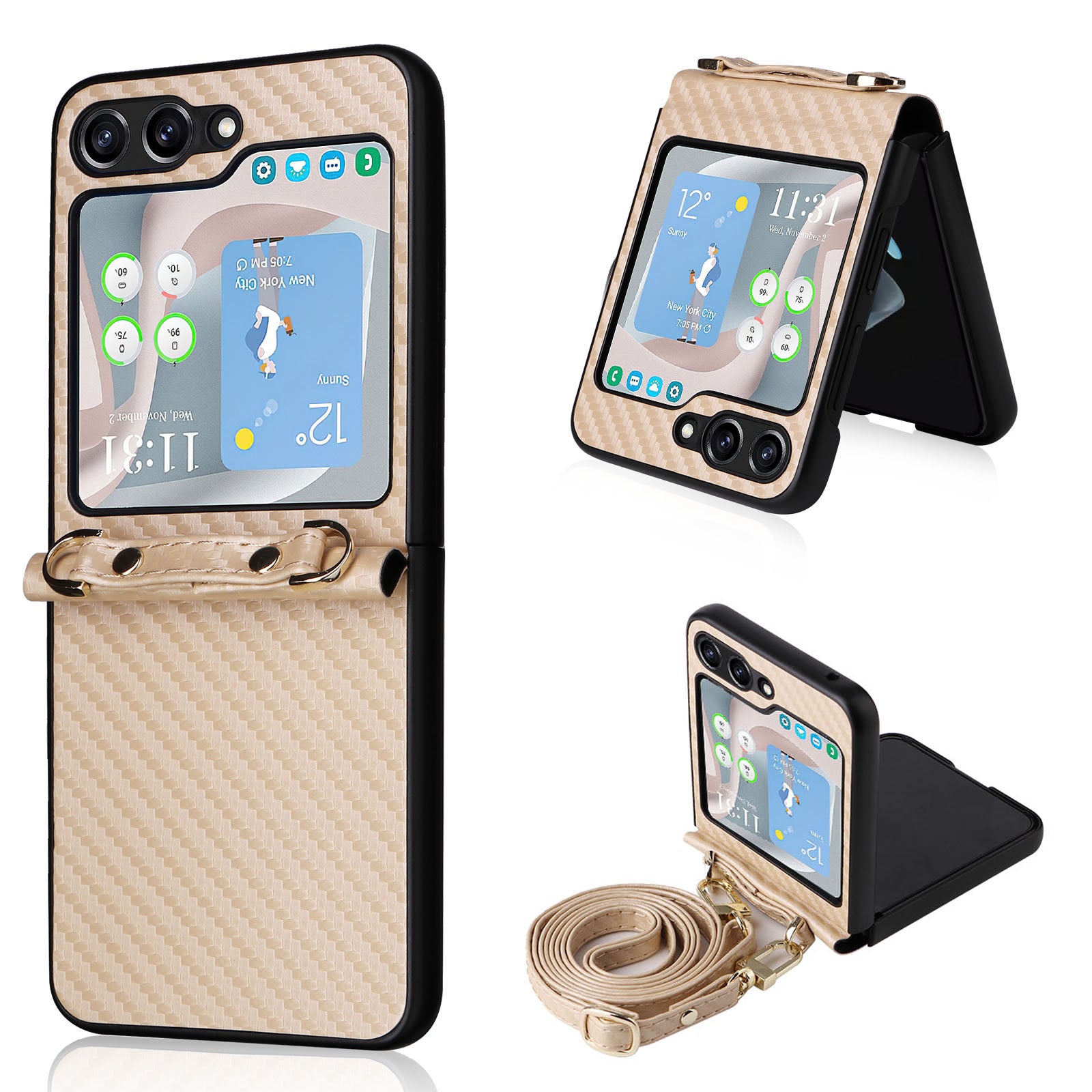 For Samsung Galaxy Z Flip5 5G PU Leather Coated PC One-Piece Phone Case Carbon Fiber Texture Protective Cover with Lanyard