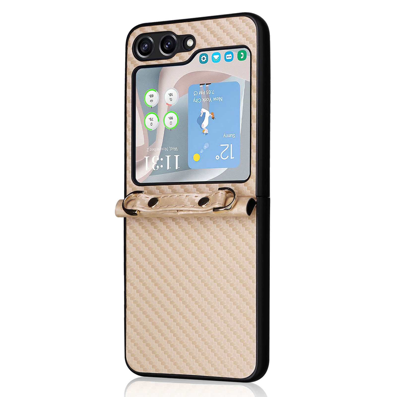 For Samsung Galaxy Z Flip5 5G PU Leather Coated PC One-Piece Phone Case Carbon Fiber Texture Protective Cover with Lanyard