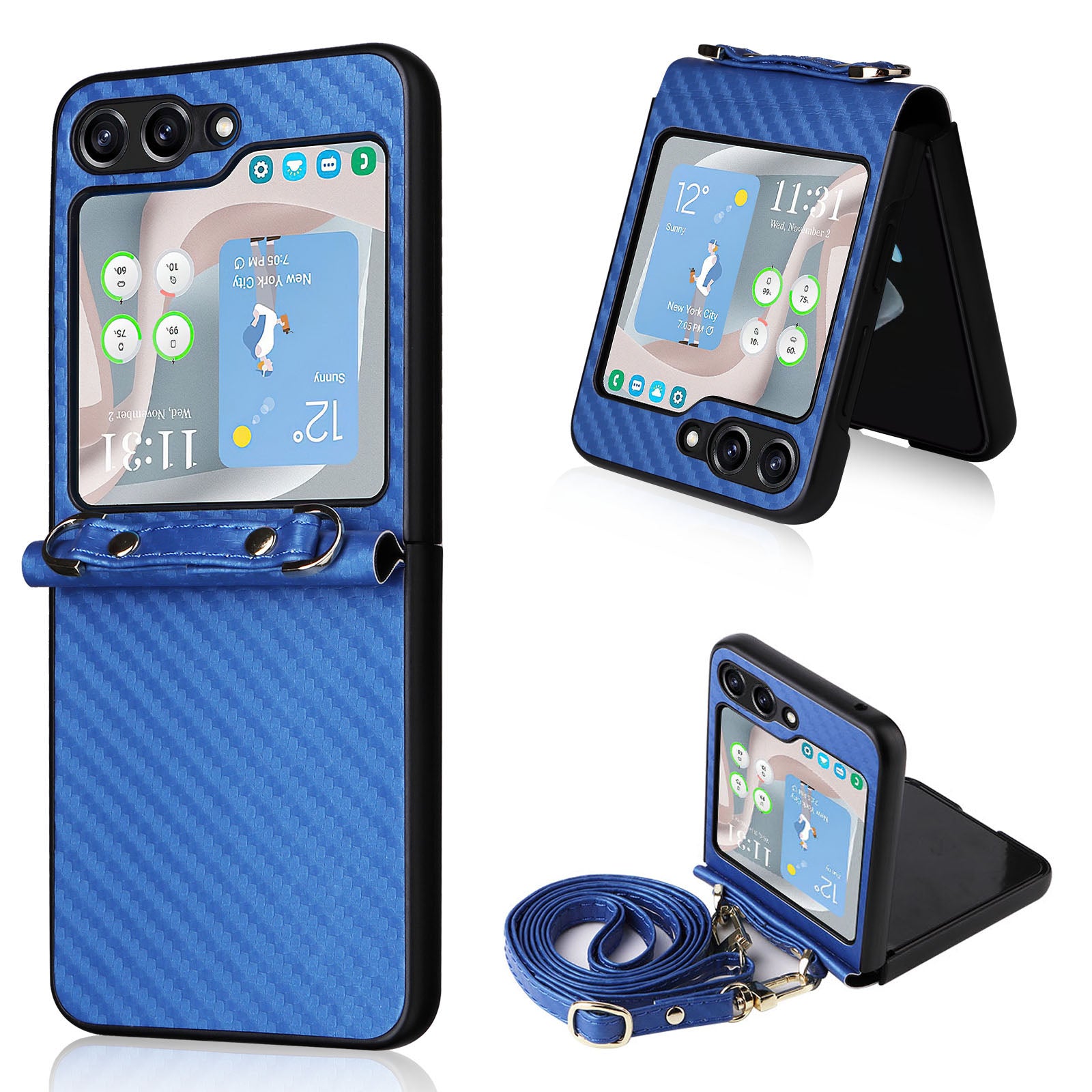 For Samsung Galaxy Z Flip5 5G PU Leather Coated PC One-Piece Phone Case Carbon Fiber Texture Protective Cover with Lanyard