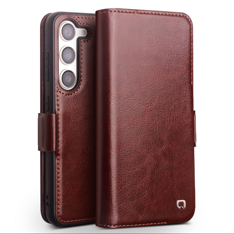 QIALINO For Samsung Galaxy S22 5G Anti-Gravity Genuine Cow Leather Flip Phone Case Wallet Stand Cover