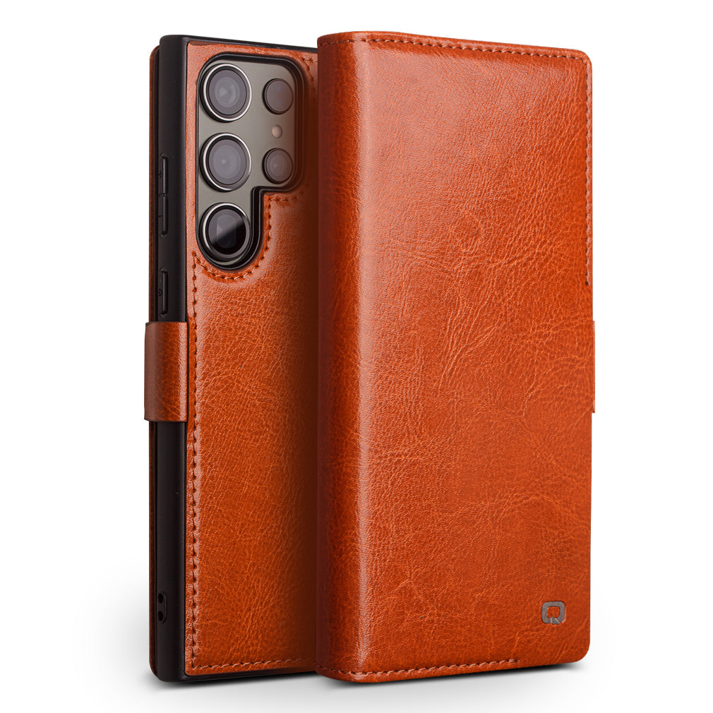 QIALINO For Samsung Galaxy S22 Ultra 5G Full-Wrapped Flip Phone Case Genuine Cow Leather Shockproof Wallet Stand Cover