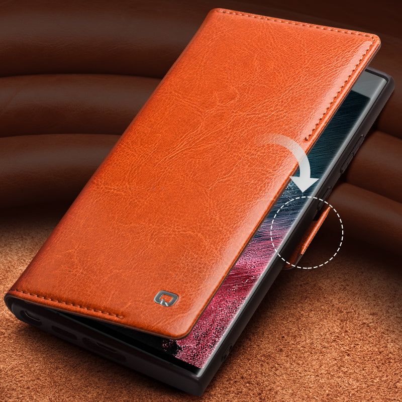 QIALINO For Samsung Galaxy S22 Ultra 5G Full-Wrapped Flip Phone Case Genuine Cow Leather Shockproof Wallet Stand Cover