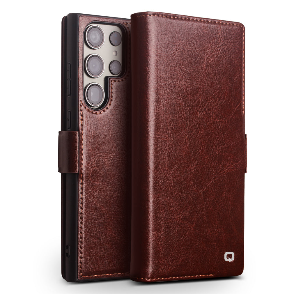 QIALINO For Samsung Galaxy S22 Ultra 5G Full-Wrapped Flip Phone Case Genuine Cow Leather Shockproof Wallet Stand Cover