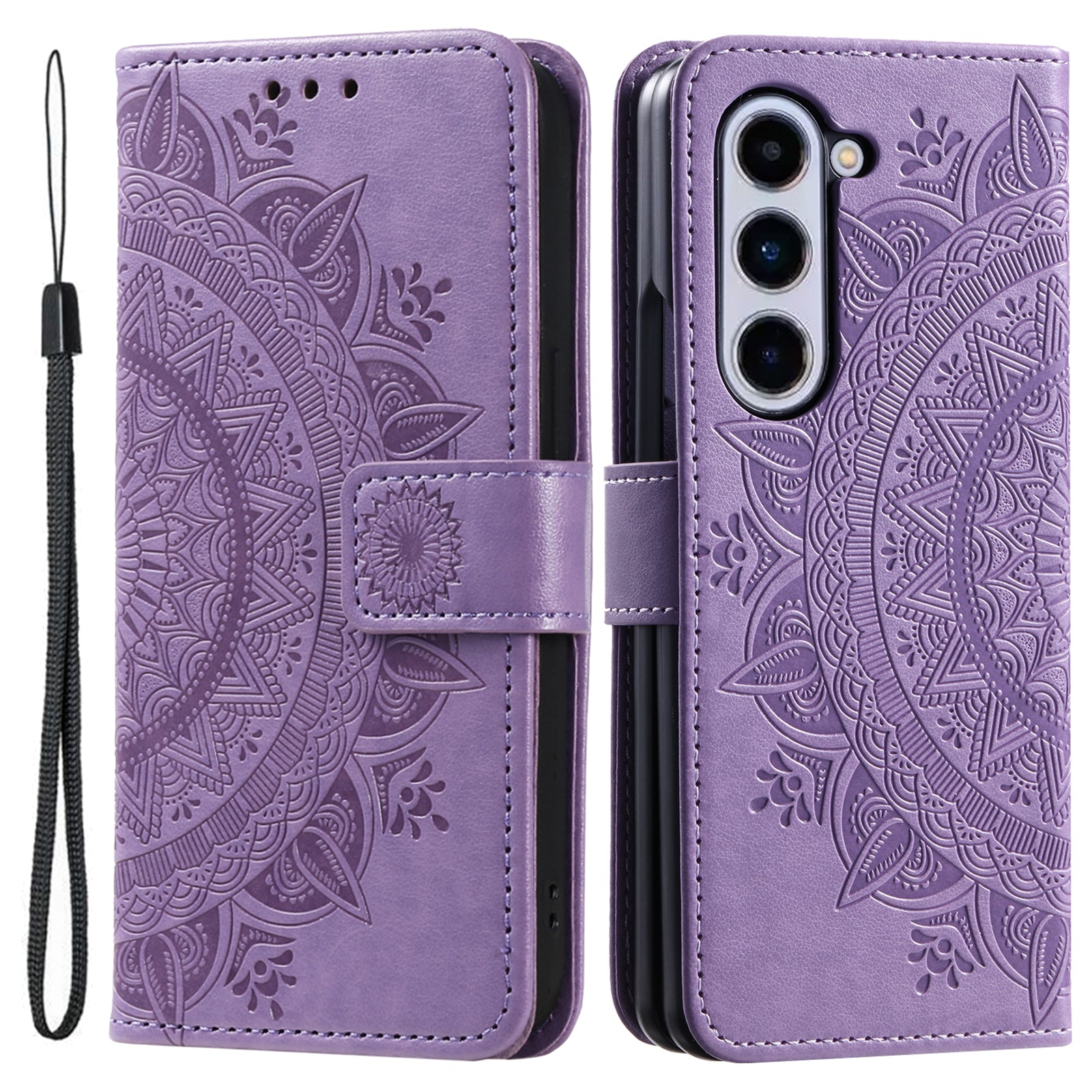 For Samsung Galaxy Z Fold5 5G Leather Wallet Case Mandala Flower Imprinted Phone Stand Cover with Strap
