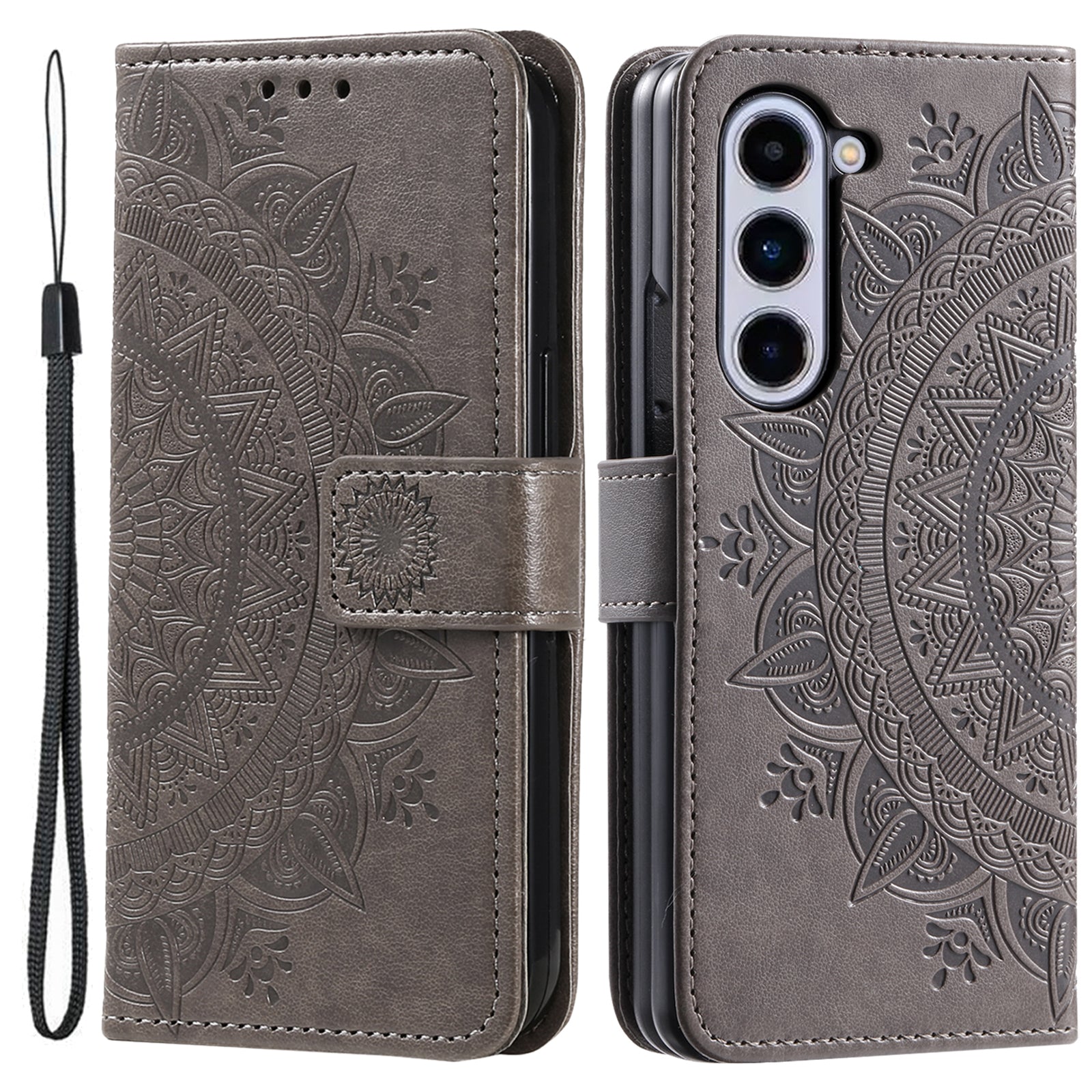 For Samsung Galaxy Z Fold5 5G Leather Wallet Case Mandala Flower Imprinted Phone Stand Cover with Strap
