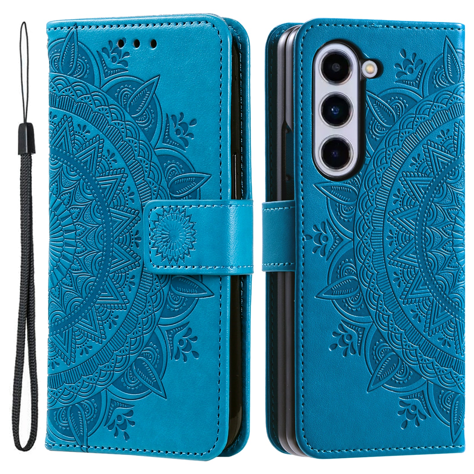 For Samsung Galaxy Z Fold5 5G Leather Wallet Case Mandala Flower Imprinted Phone Stand Cover with Strap