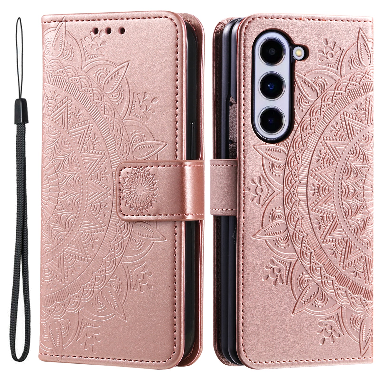 For Samsung Galaxy Z Fold5 5G Leather Wallet Case Mandala Flower Imprinted Phone Stand Cover with Strap
