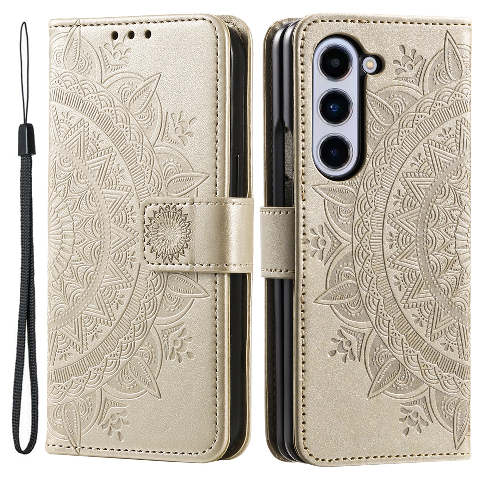 For Samsung Galaxy Z Fold5 5G Leather Wallet Case Mandala Flower Imprinted Phone Stand Cover with Strap