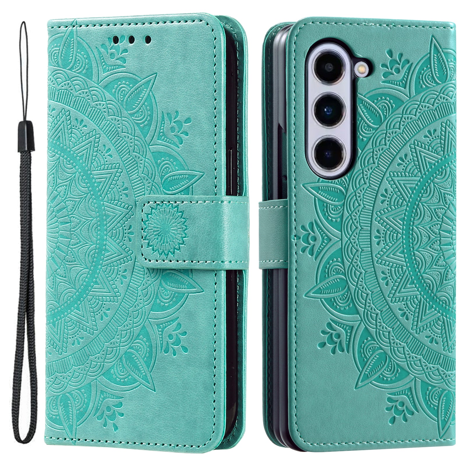 For Samsung Galaxy Z Fold5 5G Leather Wallet Case Mandala Flower Imprinted Phone Stand Cover with Strap