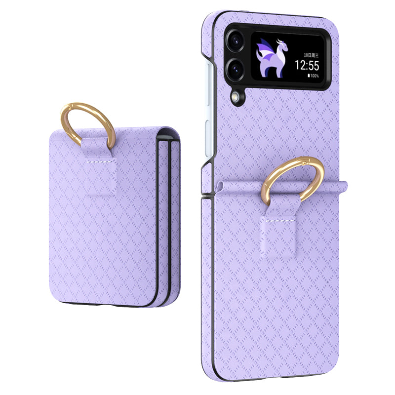 GKK Grids Imprinted Phone Case for Samsung Galaxy Z Flip4 5G Hard PC PU Anti-Drop Phone Cover with Ring Finger Holder