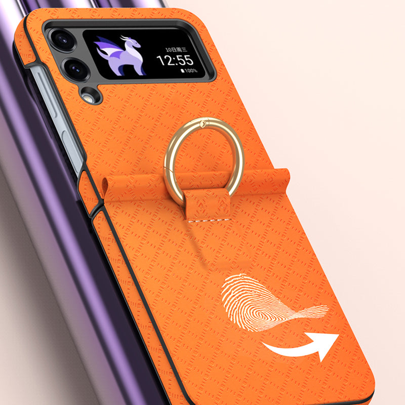 GKK Grids Imprinted Phone Case for Samsung Galaxy Z Flip4 5G Hard PC PU Anti-Drop Phone Cover with Ring Finger Holder