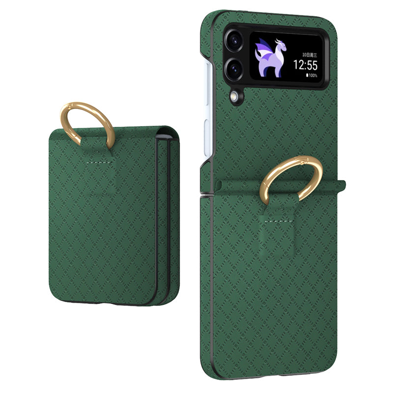 GKK Grids Imprinted Phone Case for Samsung Galaxy Z Flip4 5G Hard PC PU Anti-Drop Phone Cover with Ring Finger Holder