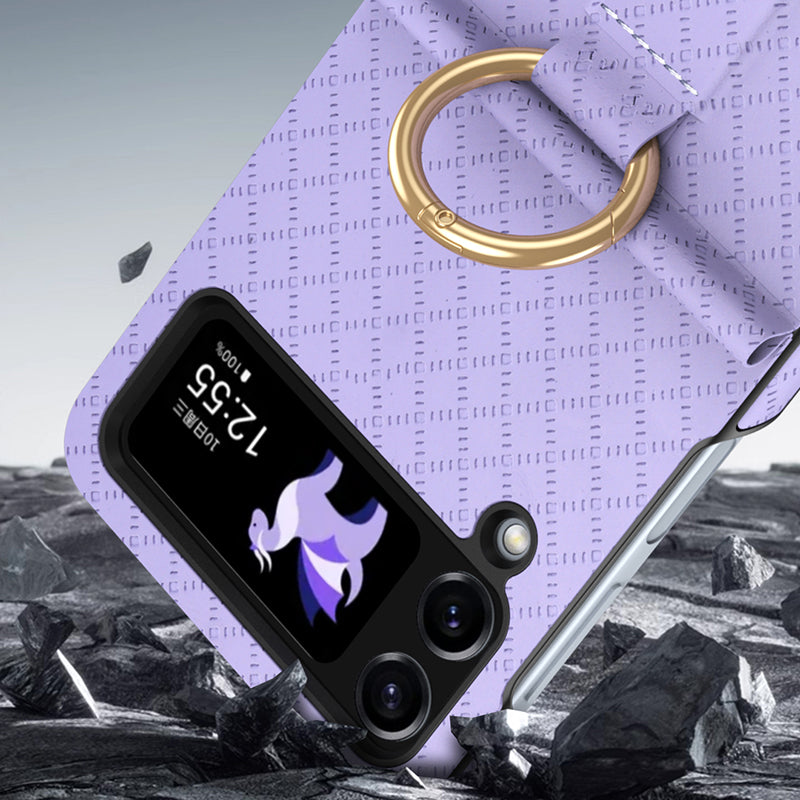 GKK Grids Imprinted Phone Case for Samsung Galaxy Z Flip4 5G Hard PC PU Anti-Drop Phone Cover with Ring Finger Holder