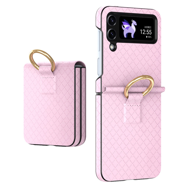 GKK Grids Imprinted Phone Case for Samsung Galaxy Z Flip4 5G Hard PC PU Anti-Drop Phone Cover with Ring Finger Holder