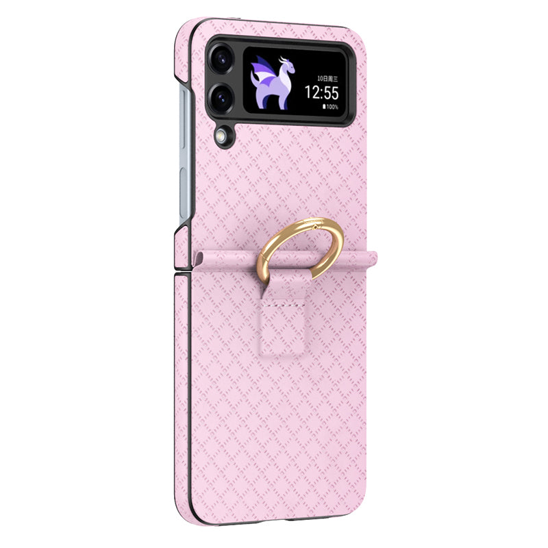 GKK Grids Imprinted Phone Case for Samsung Galaxy Z Flip4 5G Hard PC PU Anti-Drop Phone Cover with Ring Finger Holder