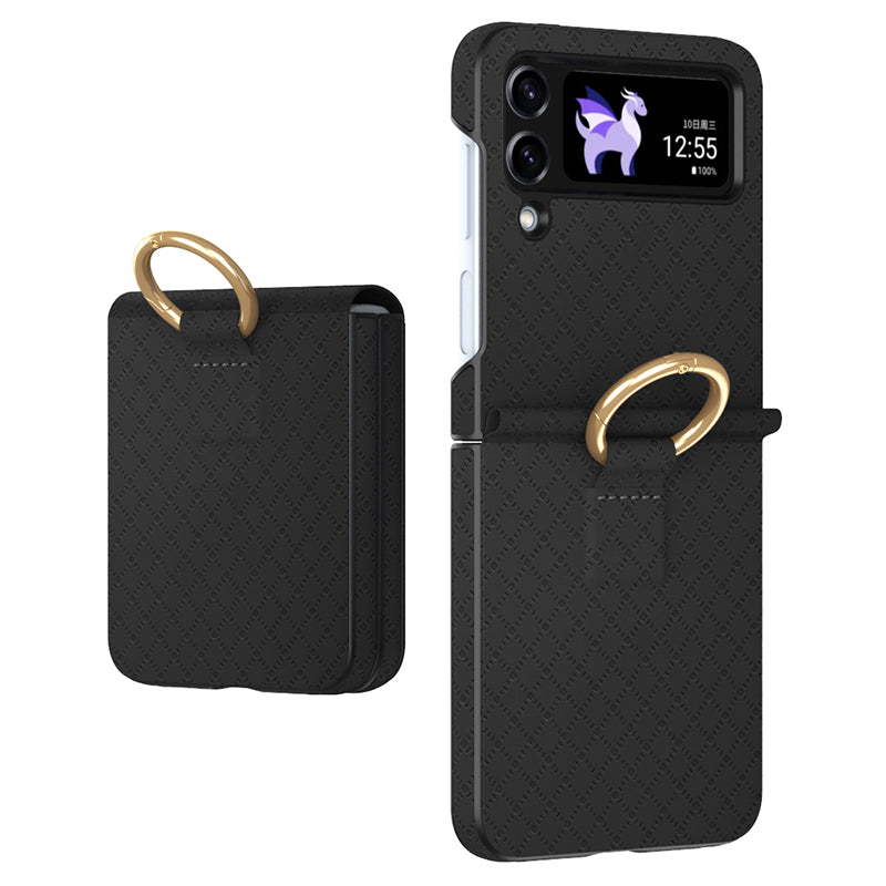 GKK Grids Imprinted Phone Case for Samsung Galaxy Z Flip4 5G Hard PC PU Anti-Drop Phone Cover with Ring Finger Holder