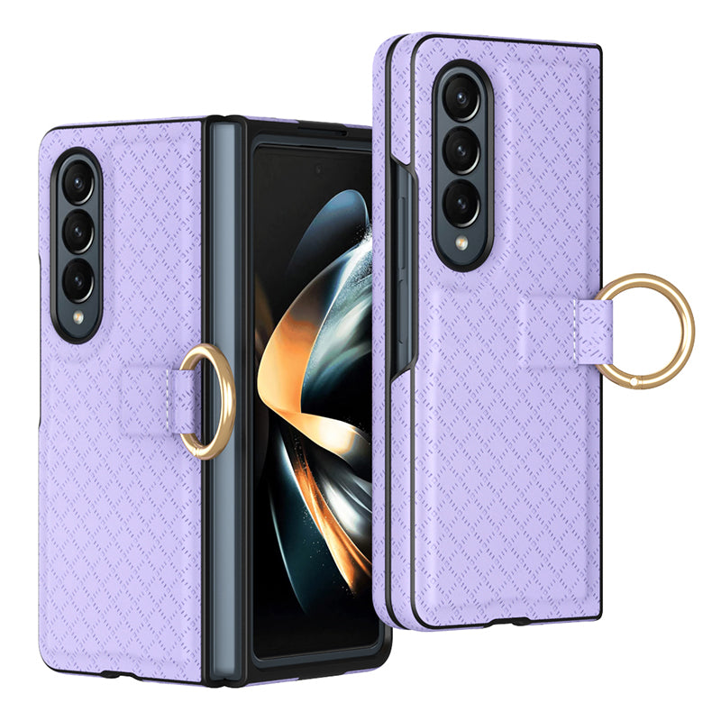 GKK Shockproof Case for Samsung Galaxy Z Fold3 5G Grids Imprinted PU PC Phone Case with Ring Finger Holder