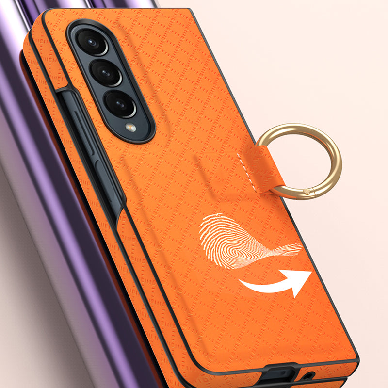 GKK Shockproof Case for Samsung Galaxy Z Fold3 5G Grids Imprinted PU PC Phone Case with Ring Finger Holder