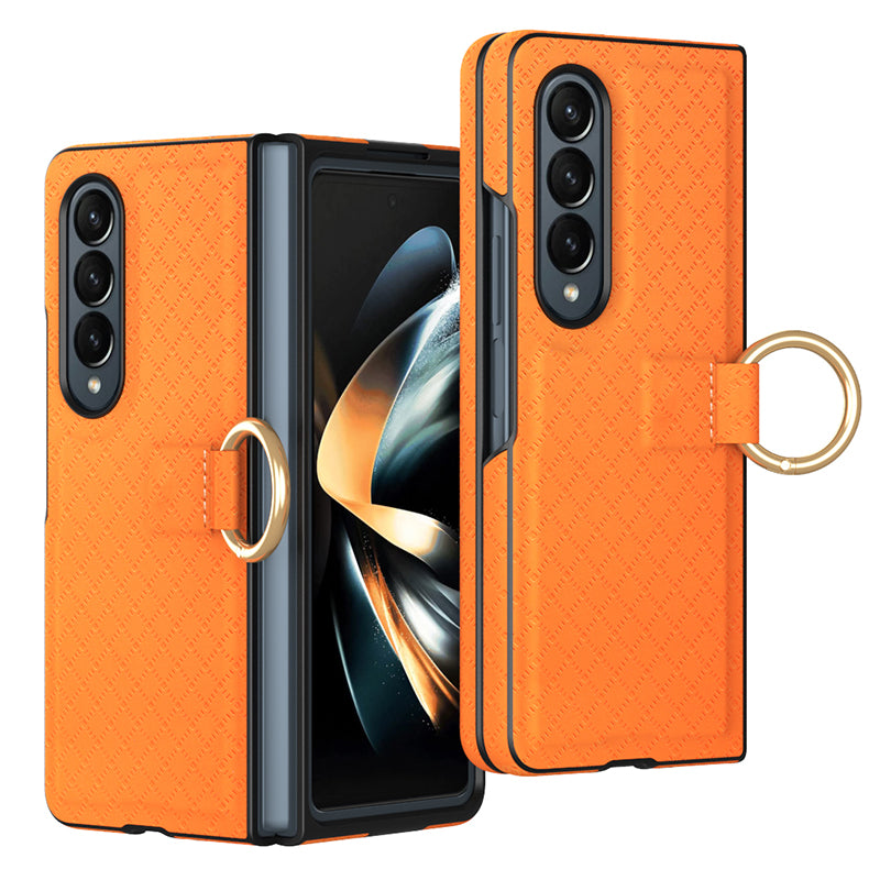 GKK Shockproof Case for Samsung Galaxy Z Fold3 5G Grids Imprinted PU PC Phone Case with Ring Finger Holder
