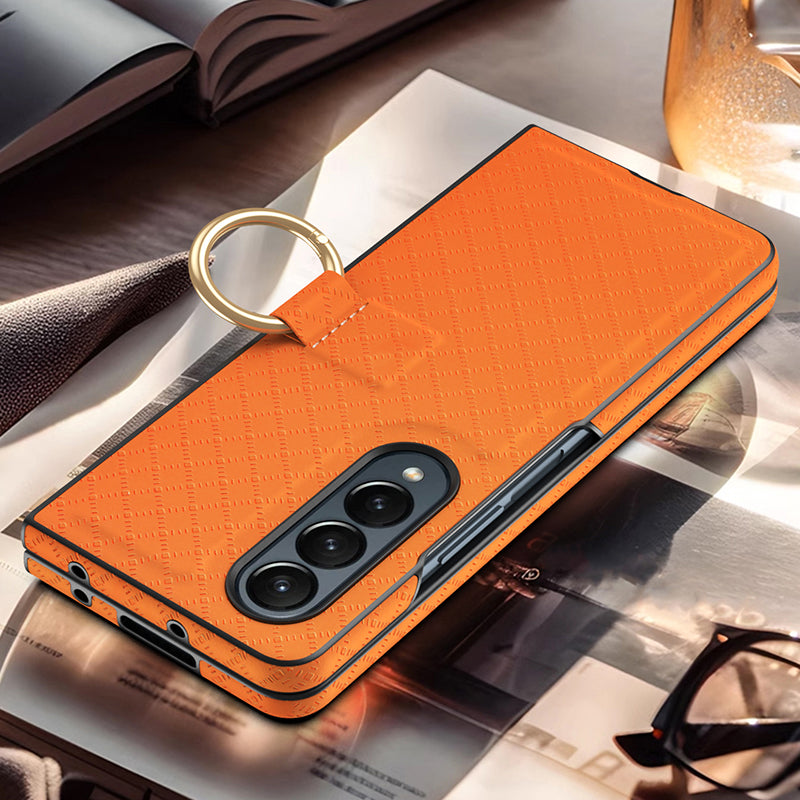 GKK Shockproof Case for Samsung Galaxy Z Fold3 5G Grids Imprinted PU PC Phone Case with Ring Finger Holder