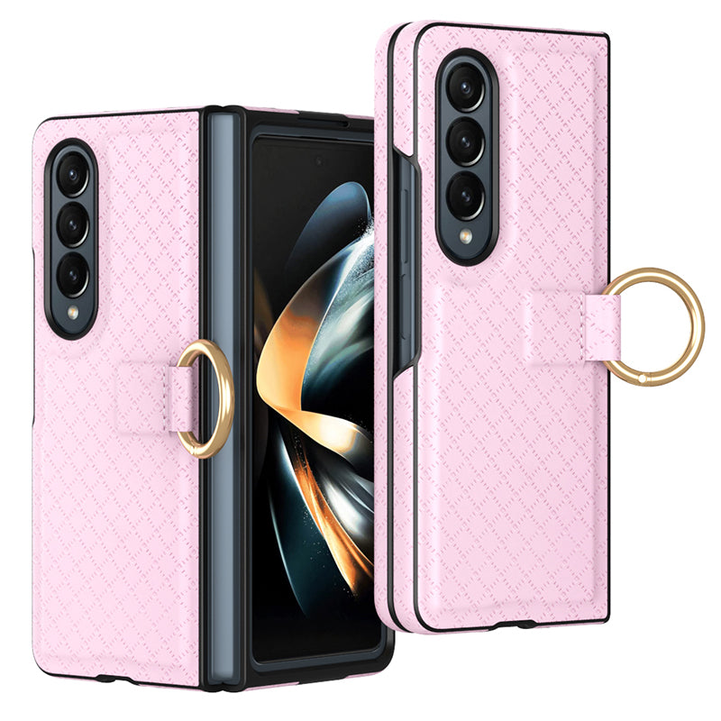 GKK Shockproof Case for Samsung Galaxy Z Fold3 5G Grids Imprinted PU PC Phone Case with Ring Finger Holder