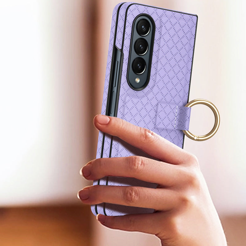 GKK Shockproof Case for Samsung Galaxy Z Fold3 5G Grids Imprinted PU PC Phone Case with Ring Finger Holder