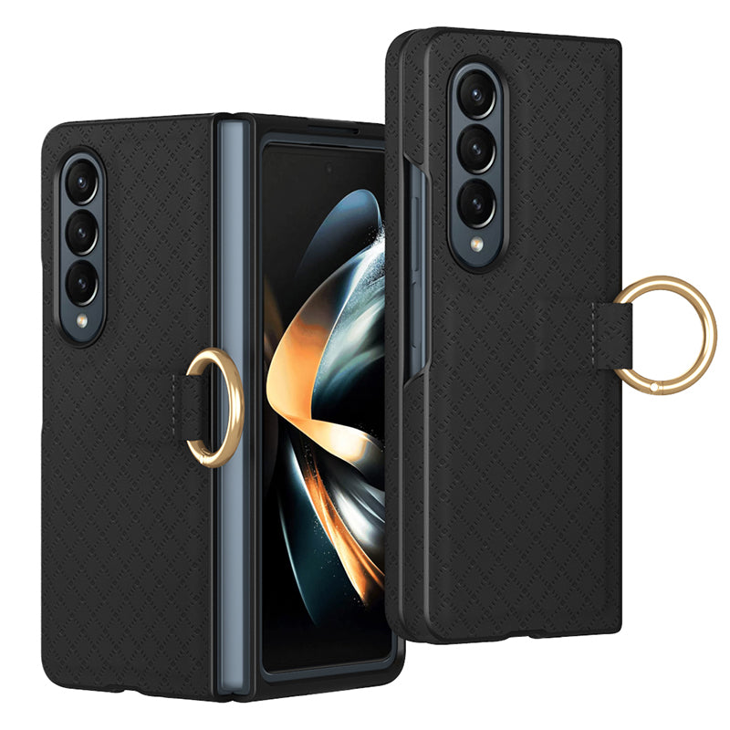 GKK Shockproof Case for Samsung Galaxy Z Fold3 5G Grids Imprinted PU PC Phone Case with Ring Finger Holder