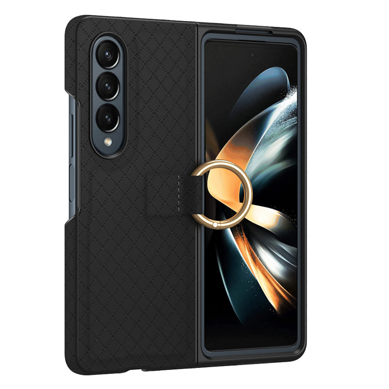 GKK Shockproof Case for Samsung Galaxy Z Fold3 5G Grids Imprinted PU PC Phone Case with Ring Finger Holder