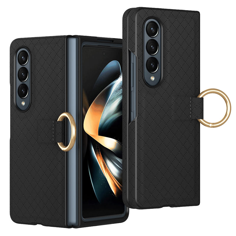 GKK For Samsung Galaxy Z Fold4 5G Slim Phone Cover Grids Imprinted PU PC Phone Case with Ring Finger Holder