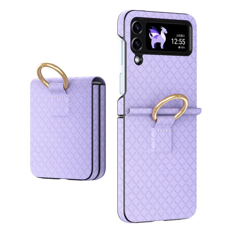 GKK Anti-Fall Phone Case for Samsung Galaxy Z Flip3 5G Hard PC PU Grids Imprinted Phone Shell with Ring Finger Holder