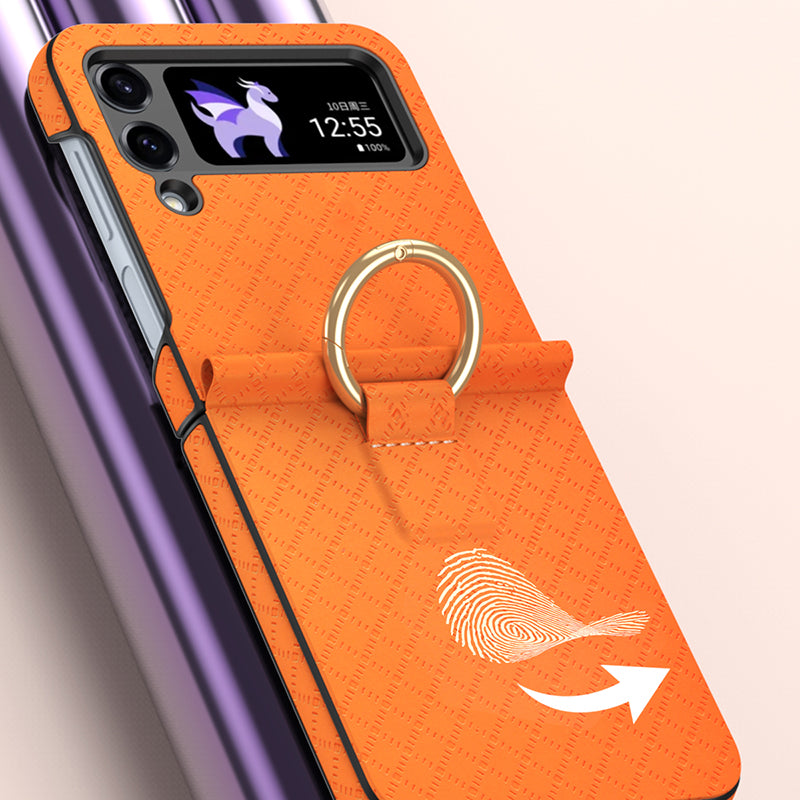 GKK Anti-Fall Phone Case for Samsung Galaxy Z Flip3 5G Hard PC PU Grids Imprinted Phone Shell with Ring Finger Holder