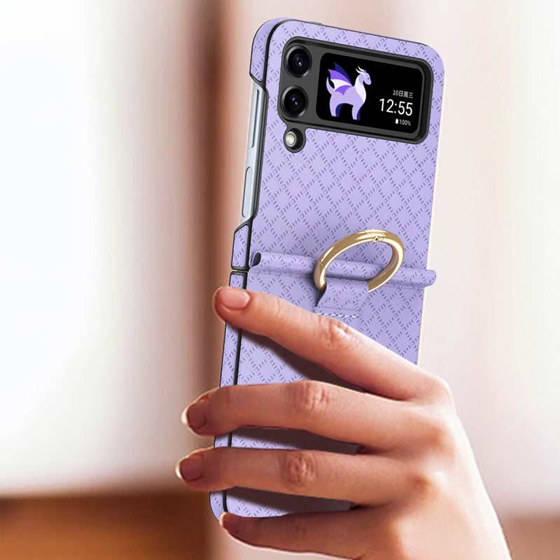 GKK Anti-Fall Phone Case for Samsung Galaxy Z Flip3 5G Hard PC PU Grids Imprinted Phone Shell with Ring Finger Holder