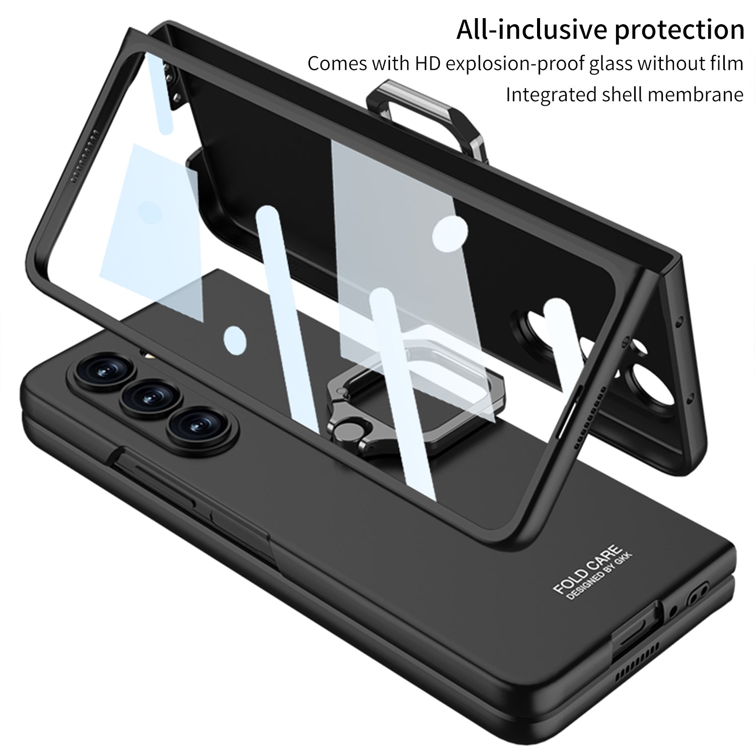 GKK Hard PC Case for Samsung Galaxy Z Fold5 5G Metal Ring Kickstand Phone Cover with Tempered Glass Film