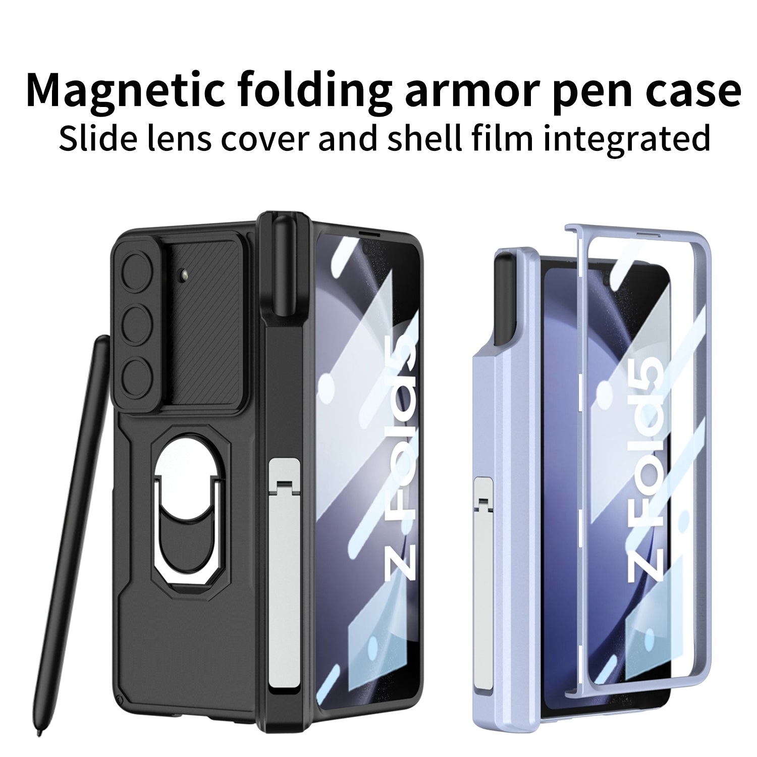 GKK Kickstand PC Phone Case for Samsung Galaxy Z Fold5 5G Camera Slider Magnetic Cover with Glass Film Pen Holder