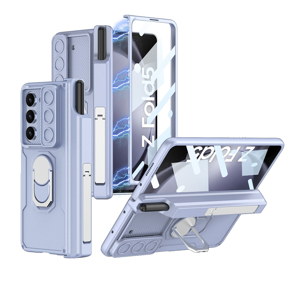 GKK Kickstand PC Phone Case for Samsung Galaxy Z Fold5 5G Camera Slider Magnetic Cover with Glass Film Pen Holder