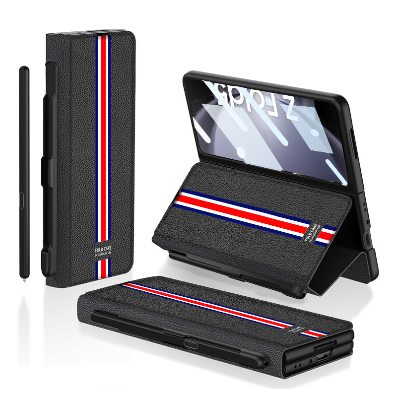 GKK PU PC Case Stand for Samsung Galaxy Z Fold5 5G Tri-Color Printing Phone Cover with Pen Slot Tempered Glass Film